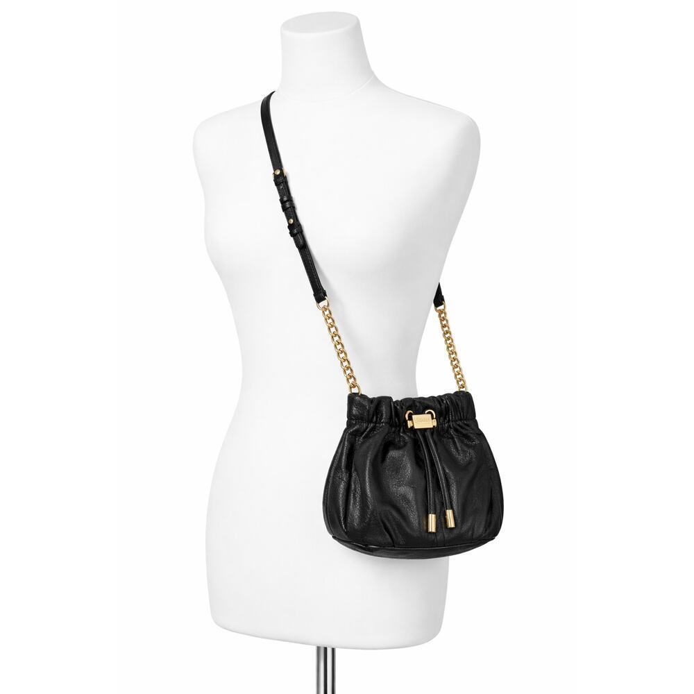 Badgley Mischka Black Leather Mini Bucket Bag Gold Chain Crossbody